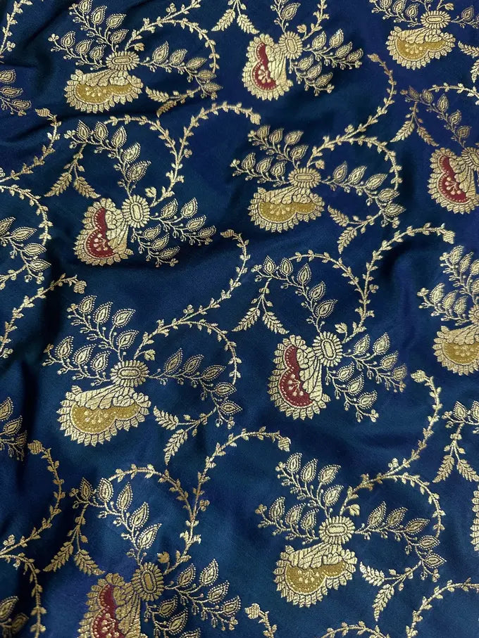 Premium Satin Silk Banarasi Saree - Royal Crimson Teal Blue