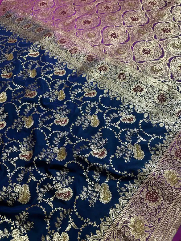 Premium Satin Silk Banarasi Saree - Royal Crimson Teal Blue
