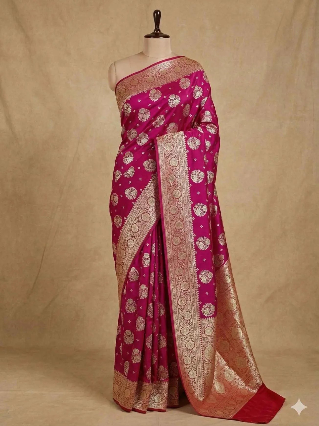 Rani Pink Satin Silk Banarasi Saree with Designer Border and Aanchal