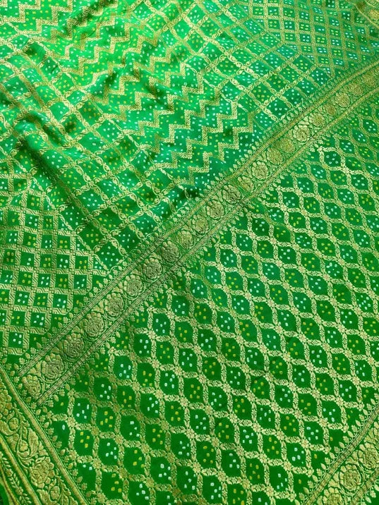Natural Green Pure Khaddi Georgette Bandhani Saree Banarasi