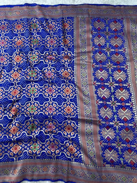 Royal Blue Pure Khaddi Georgette Bandhani Saree with Tilfi Minakari & Banarasi Craftmenship