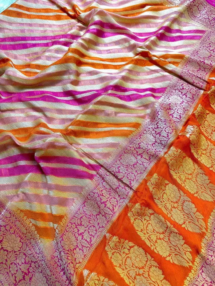 Pink and Orange Pure Chiffon Silk Banarasi Rangkat Saree with Golden Zari Floral Border