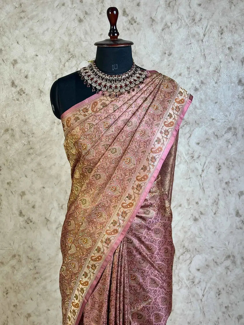 Rose Pink Pure Banarasi Handloom Jamawar Tanchui Kadhwa Interlocked Weaved Saree