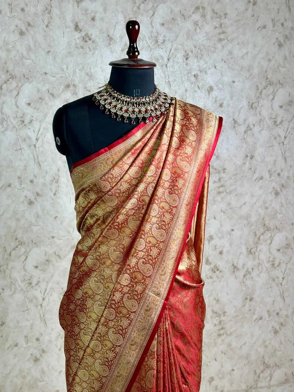 Red Gold Pure Banarasi Handloom Jamawar Tanchui Kadhwa Interlocked Weaved Saree