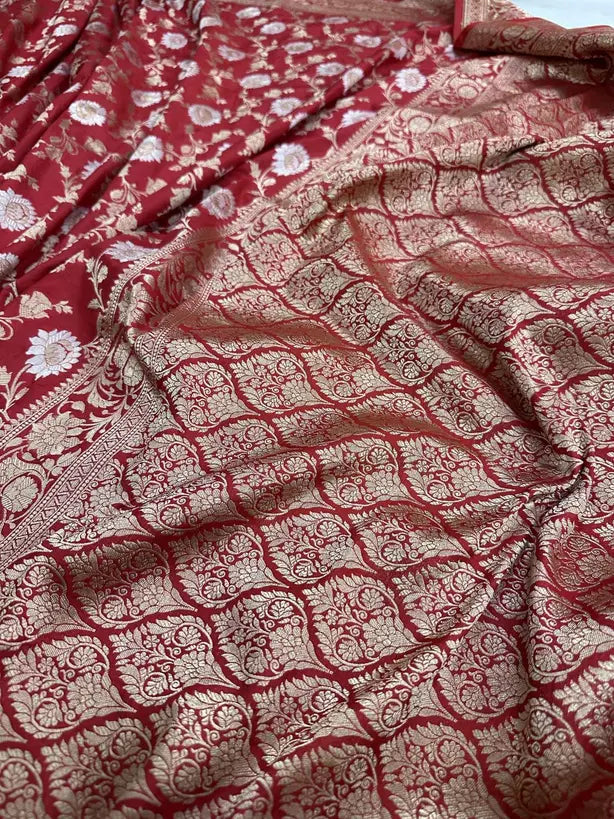 Royal Bridal Red Handloom Katan Silk Banarasi Saree with Real Gold and Silver Zari