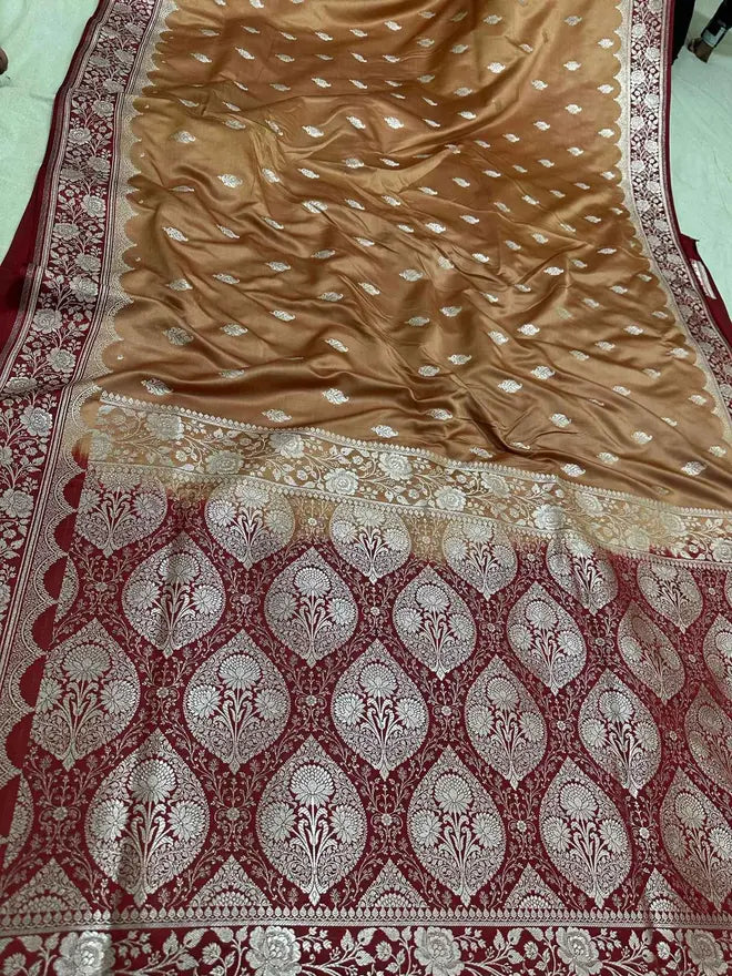 Brown & Maroon Contrast Mashru Silk Banarasi Zari Border Brocade Aanchal Saree