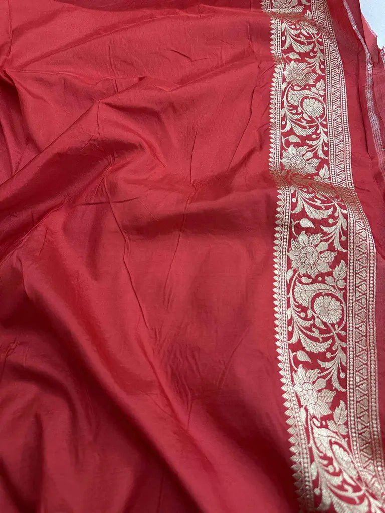 Royal Bridal Red Handloom Katan Silk Banarasi Saree with Real Gold and Silver Zari