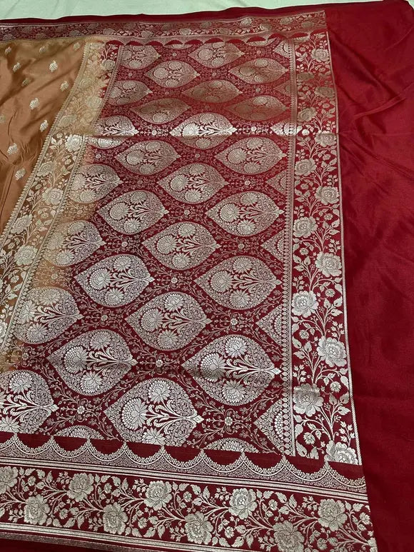 Brown & Maroon Contrast Mashru Silk Banarasi Zari Border Brocade Aanchal Saree