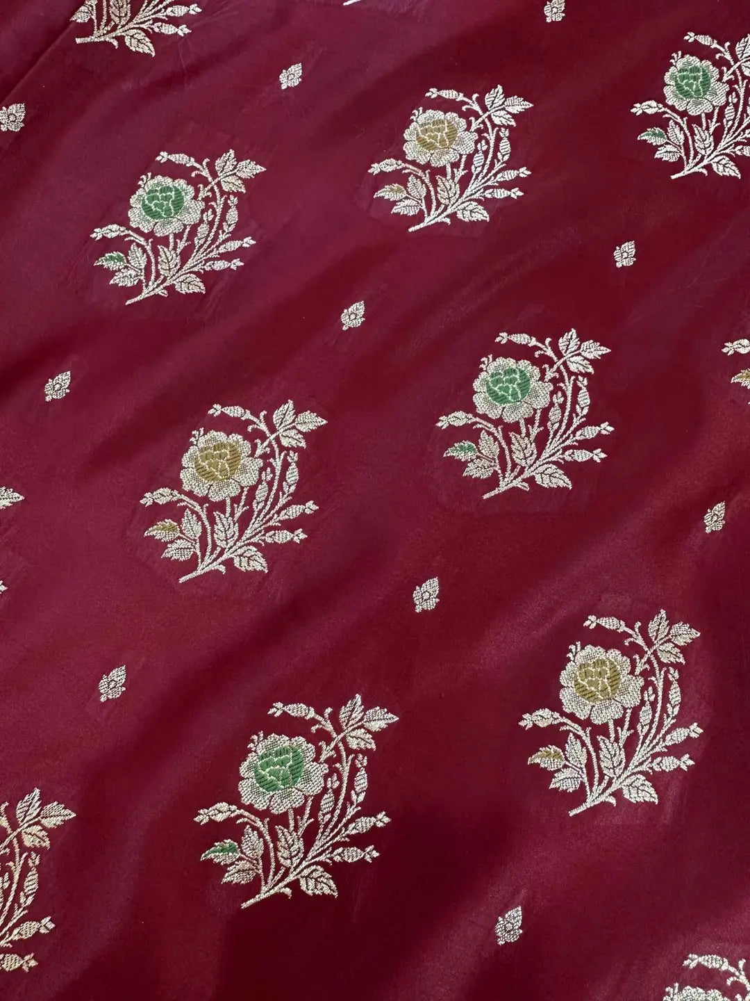 Maroon Satin Silk Banarasi Saree with Designer Border and Aanchal