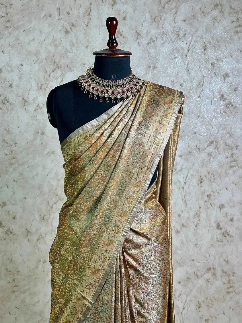 Olive Gold Pure Banarasi Handloom Jamawar Tanchui Kadhwa Interlocked Weaved Saree