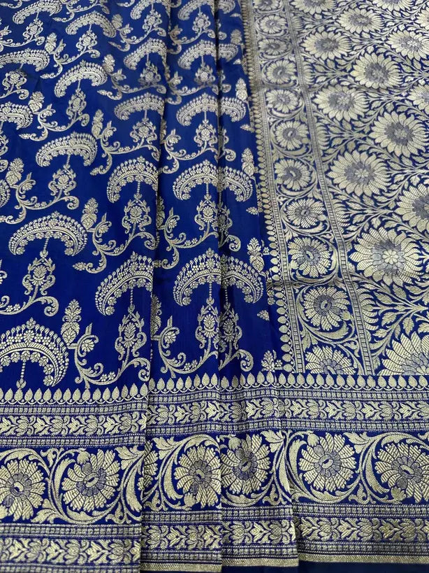 Handwoven Pure Katan Silk Jaalwork Banarasi Saree Royal Blue Sona Rupa Zari - Katan Banaras