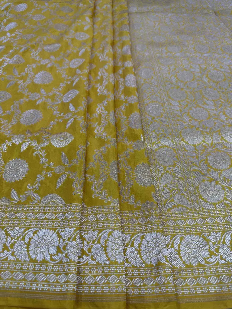 Handwoven Pure Katan Silk Banarasi Saree Gold Silver Jaal Design Sona Rupa Zari - Katan Banaras