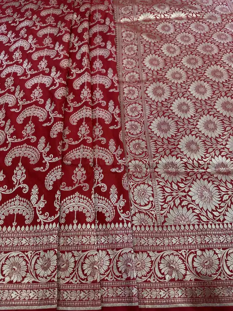 Bridal Red Pure Katan Silk Jaalwork Banarasi Saree Sona Rupa Zari Handcrafted Luxury - Katan Banaras