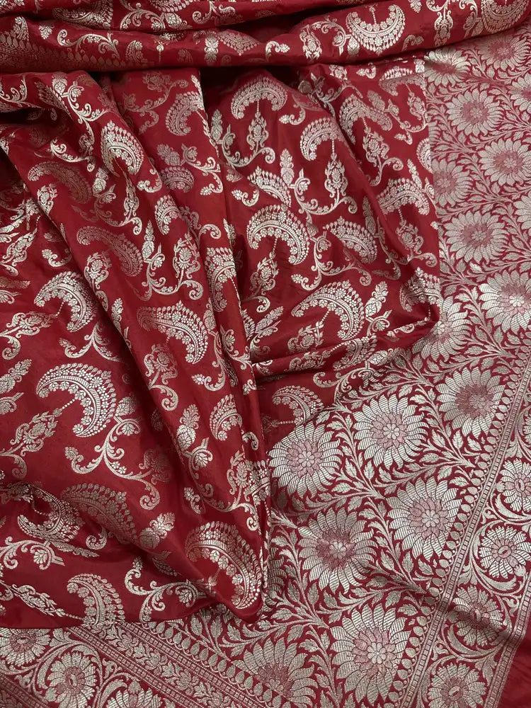 Bridal Red Pure Katan Silk Jaalwork Banarasi Saree Sona Rupa Zari Handcrafted Luxury - Katan Banaras