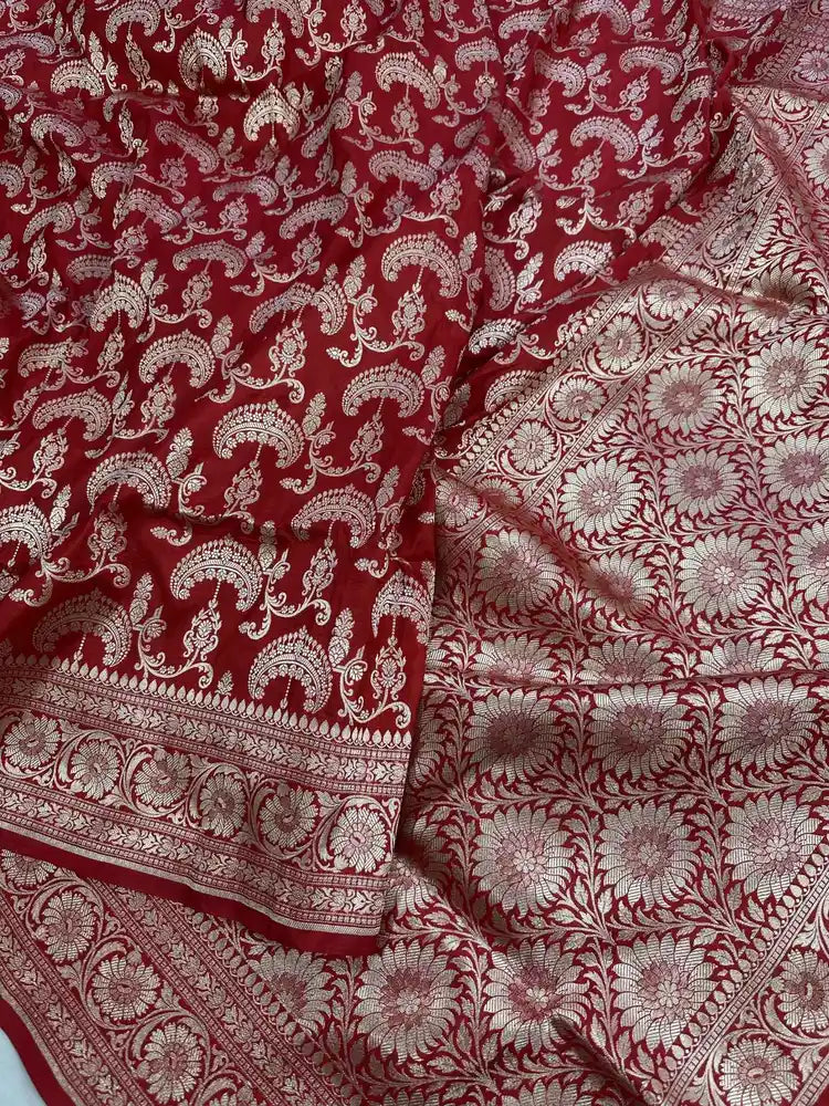 Bridal Red Pure Katan Silk Jaalwork Banarasi Saree Sona Rupa Zari Handcrafted Luxury - Katan Banaras