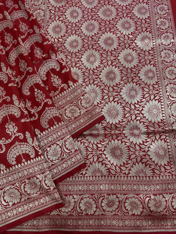 Bridal Red Pure Katan Silk Jaalwork Banarasi Saree Sona Rupa Zari Handcrafted Luxury - Katan Banaras