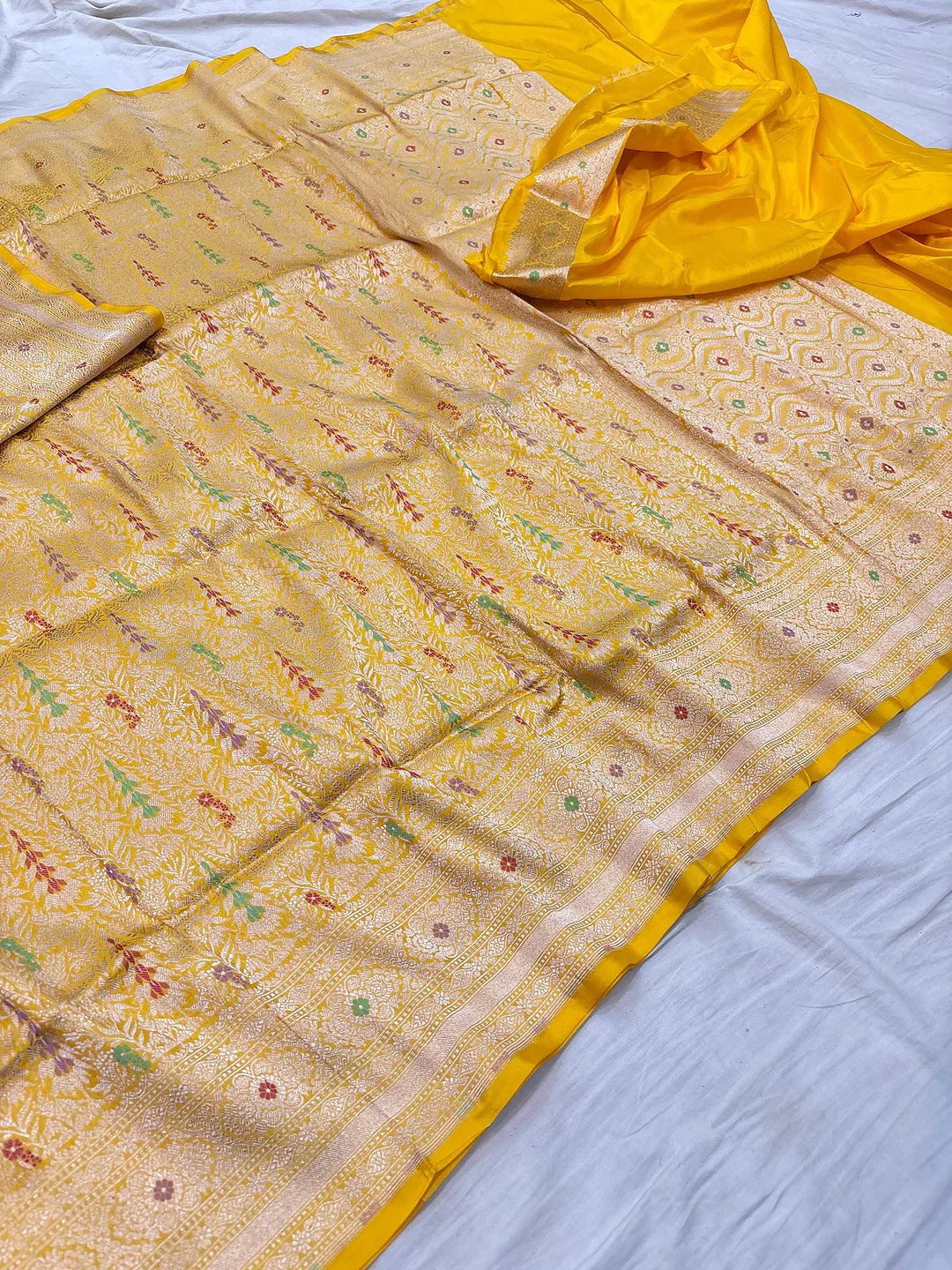 Golden Vine Garden — Pure Katan Silk Brocade Tilfi Meena Alowar Saree in Yellow