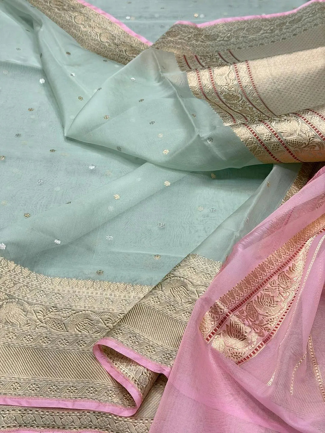 Mint Dew — Pure Kora Silk Banarasi Saree in Mint Green
