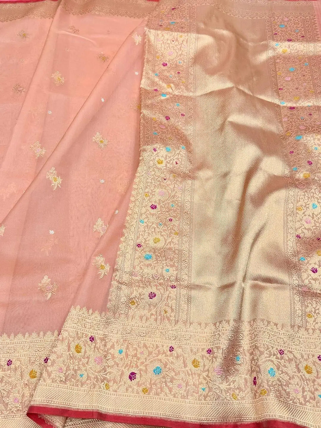 Peach Garden — Pure Kora Silk Banarasi Saree in Peach Pink