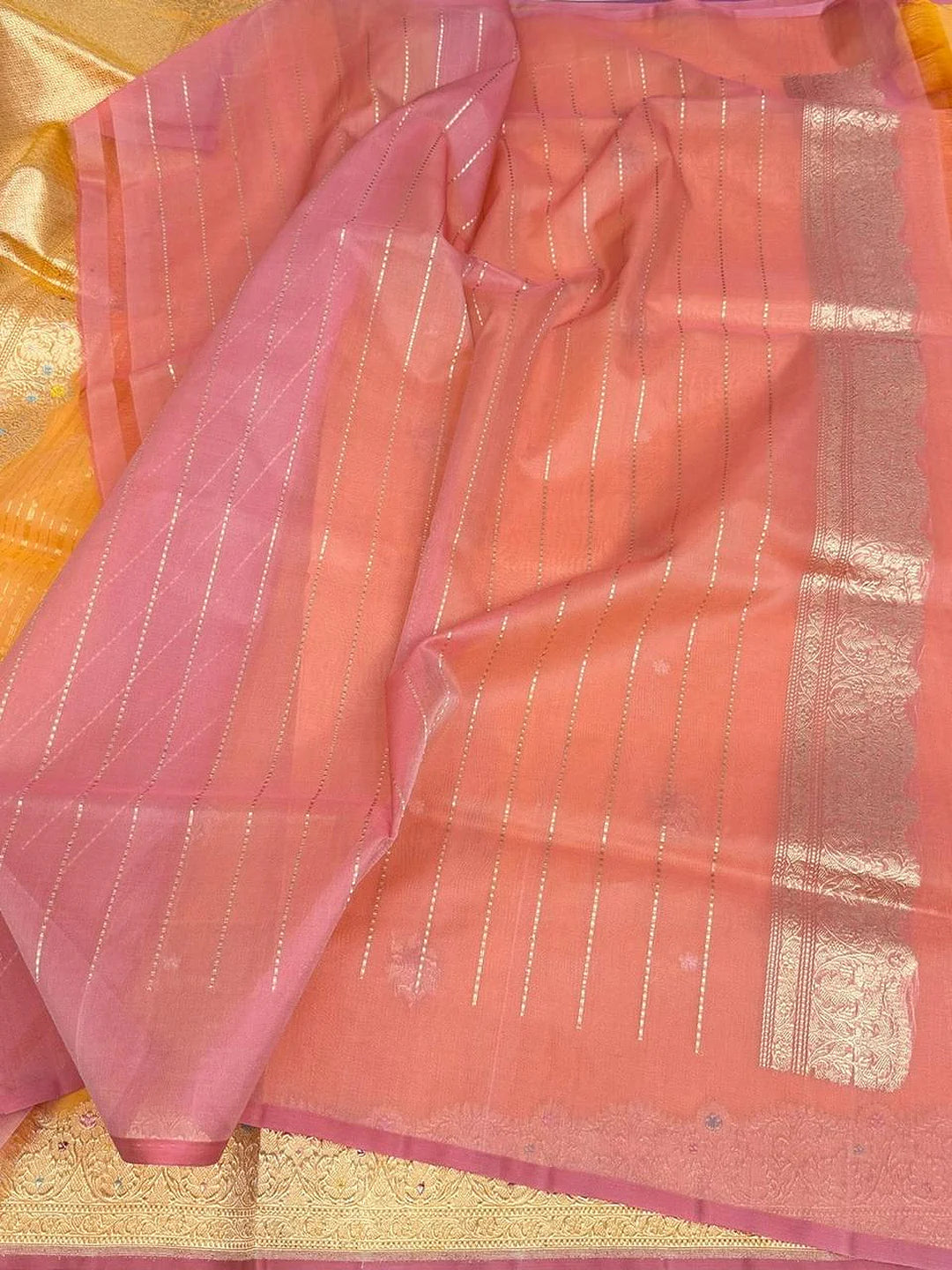 Amber Blossoms — Pure Kora Silk Banarasi Saree in Golden Yellow