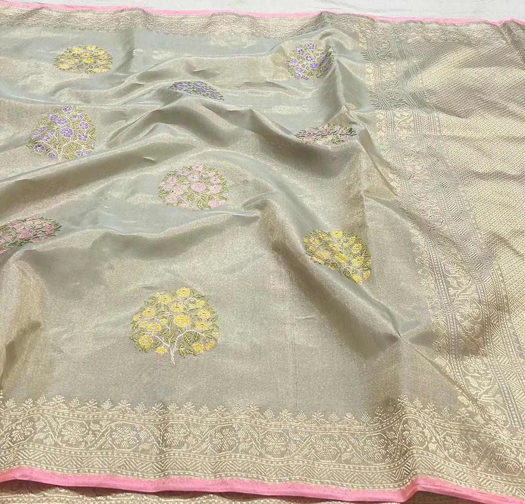 Pure Kora Silk Kadhwa Buta Handloom Banarasi Saree in Sage Green