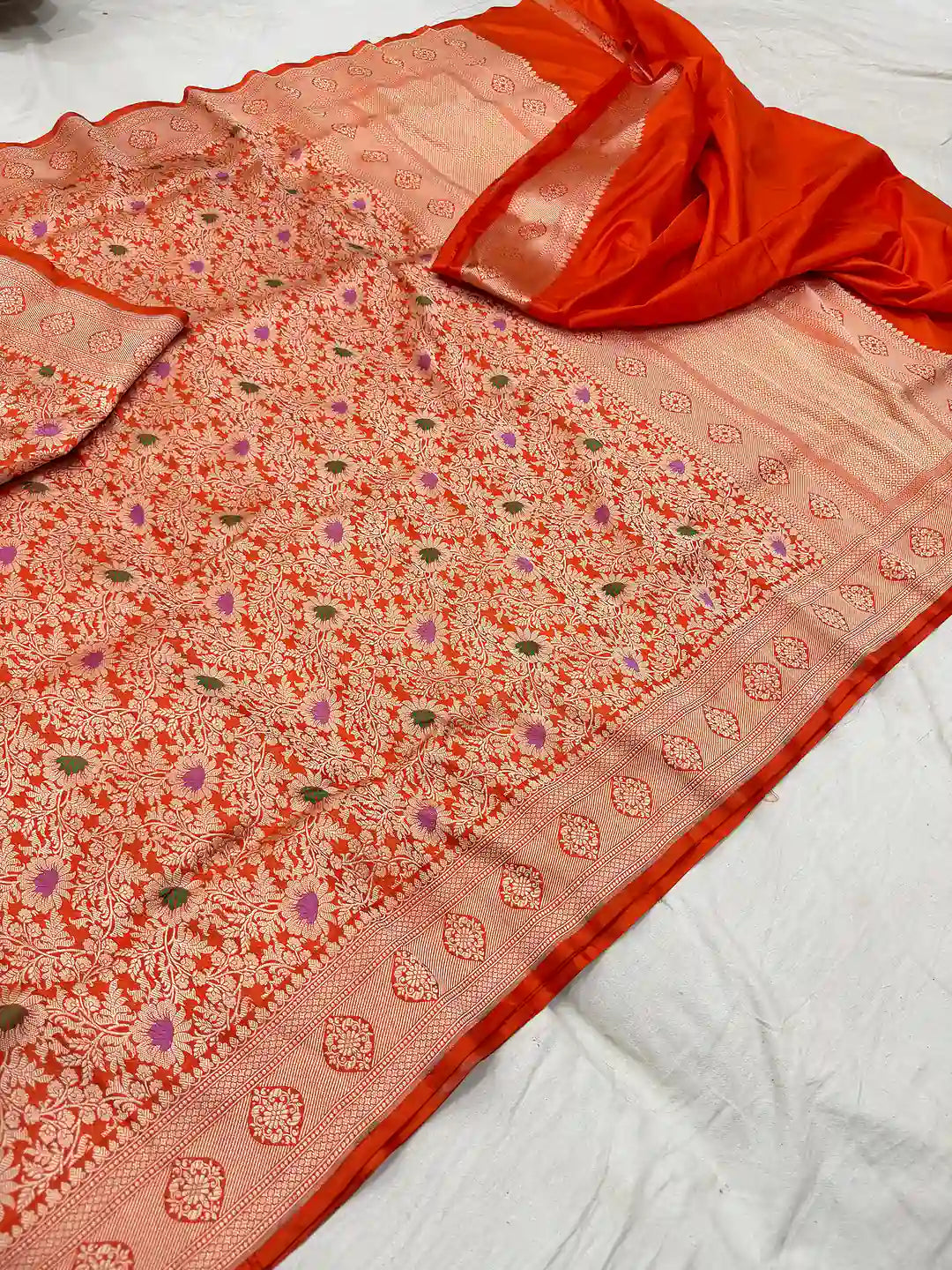 Amber Flower Trails — Pure Katan Silk Brocade Tilfi Meena Alowar Banarasi Saree in Orange