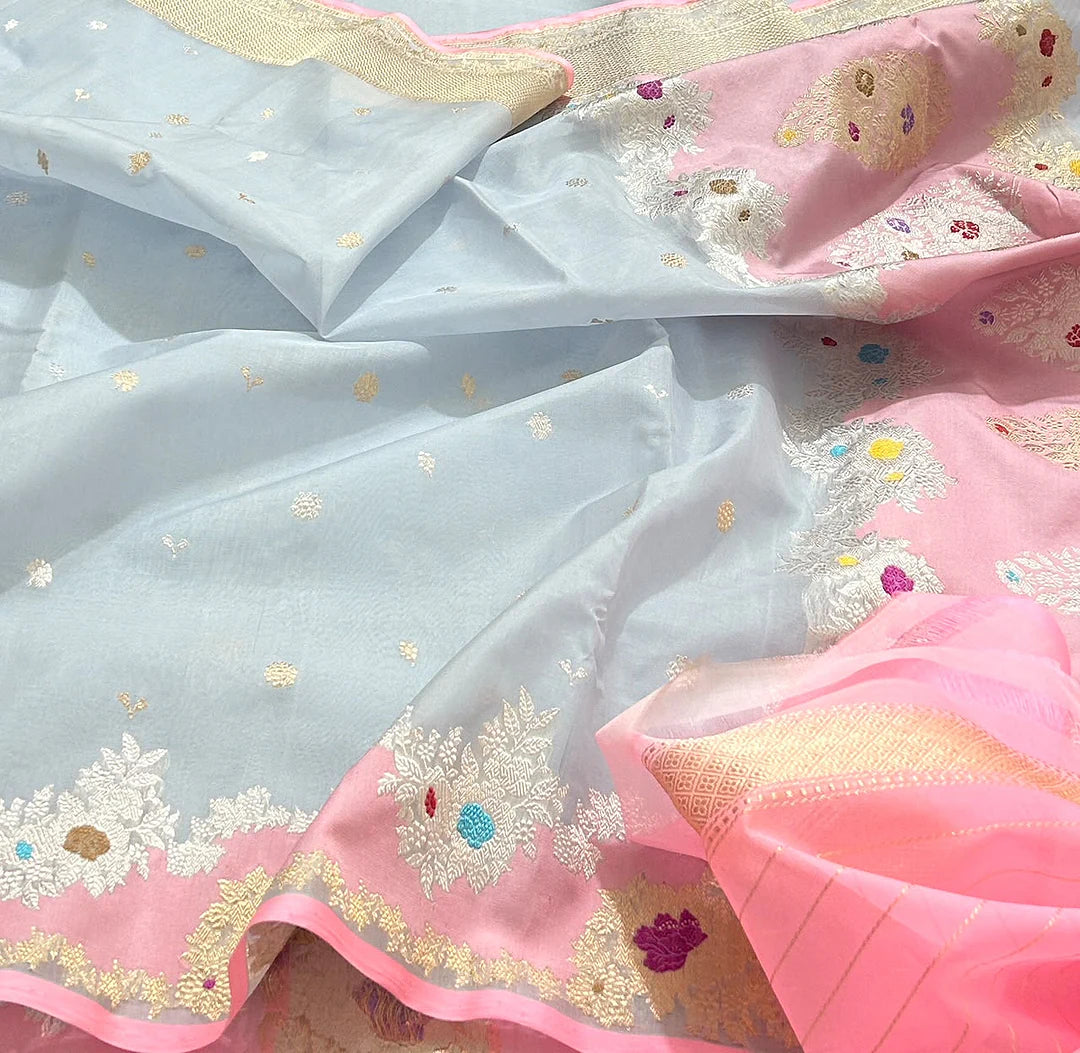 Pure Kora Silk Kadhwa Handloom Banarasi Saree in Powder Blue