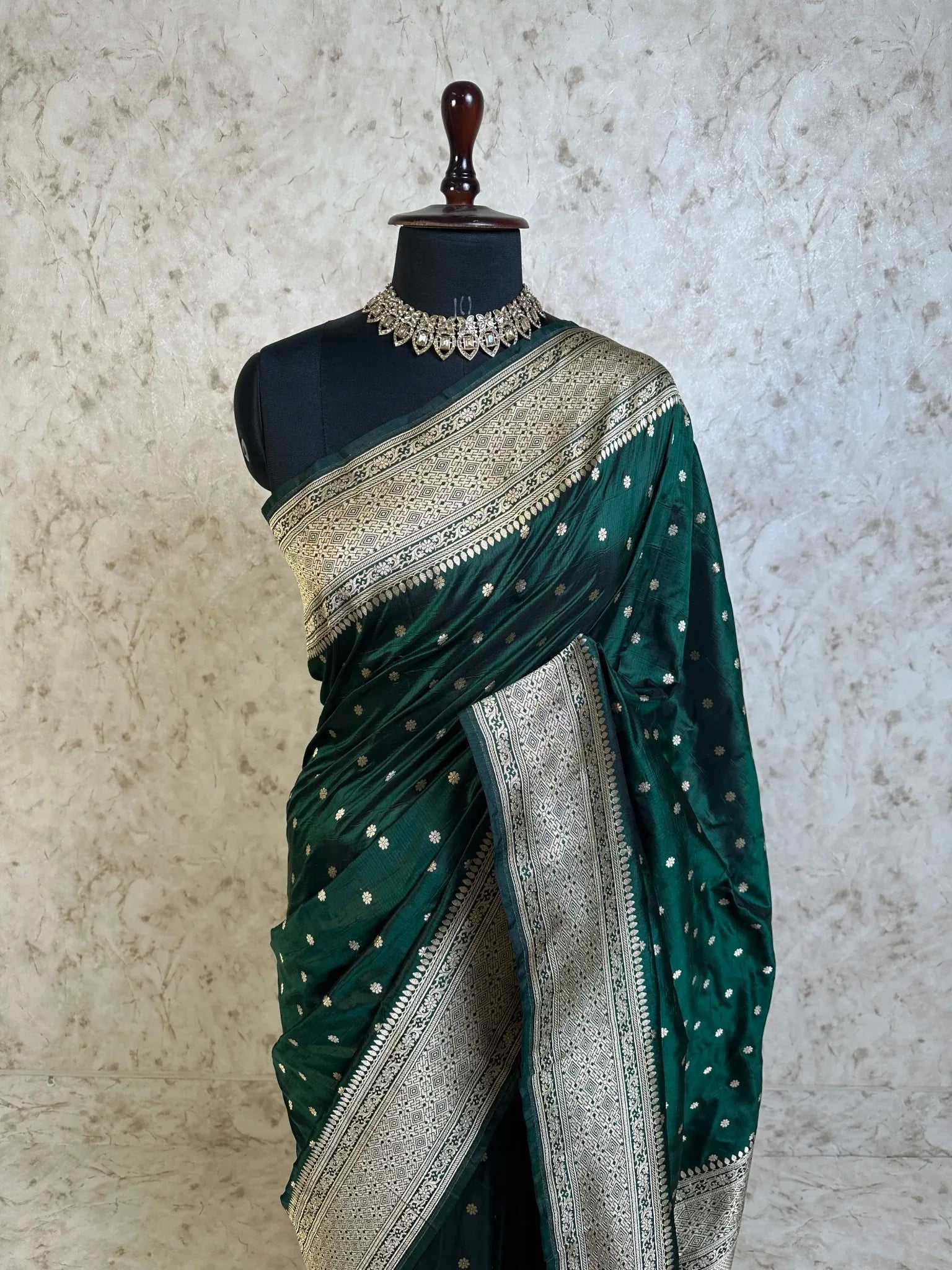 Bottle Green Pure Katan Silk Banarasi Saree Silver Zari Buti Traditional Geometric Border - Katan Banaras