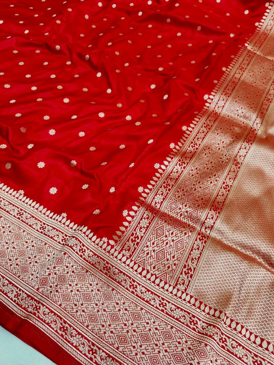 Bridal Red Pure Katan Silk Banarasi Saree Gold Buti Traditional Zari Border - Katan Banaras