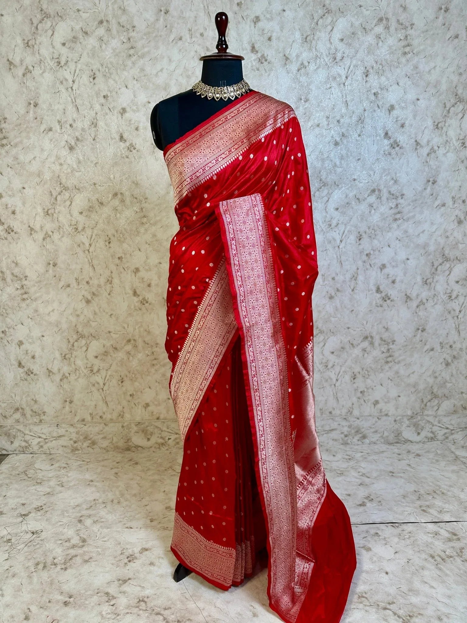 Bridal Red Pure Katan Silk Banarasi Saree Gold Buti Traditional Zari Border - Katan Banaras