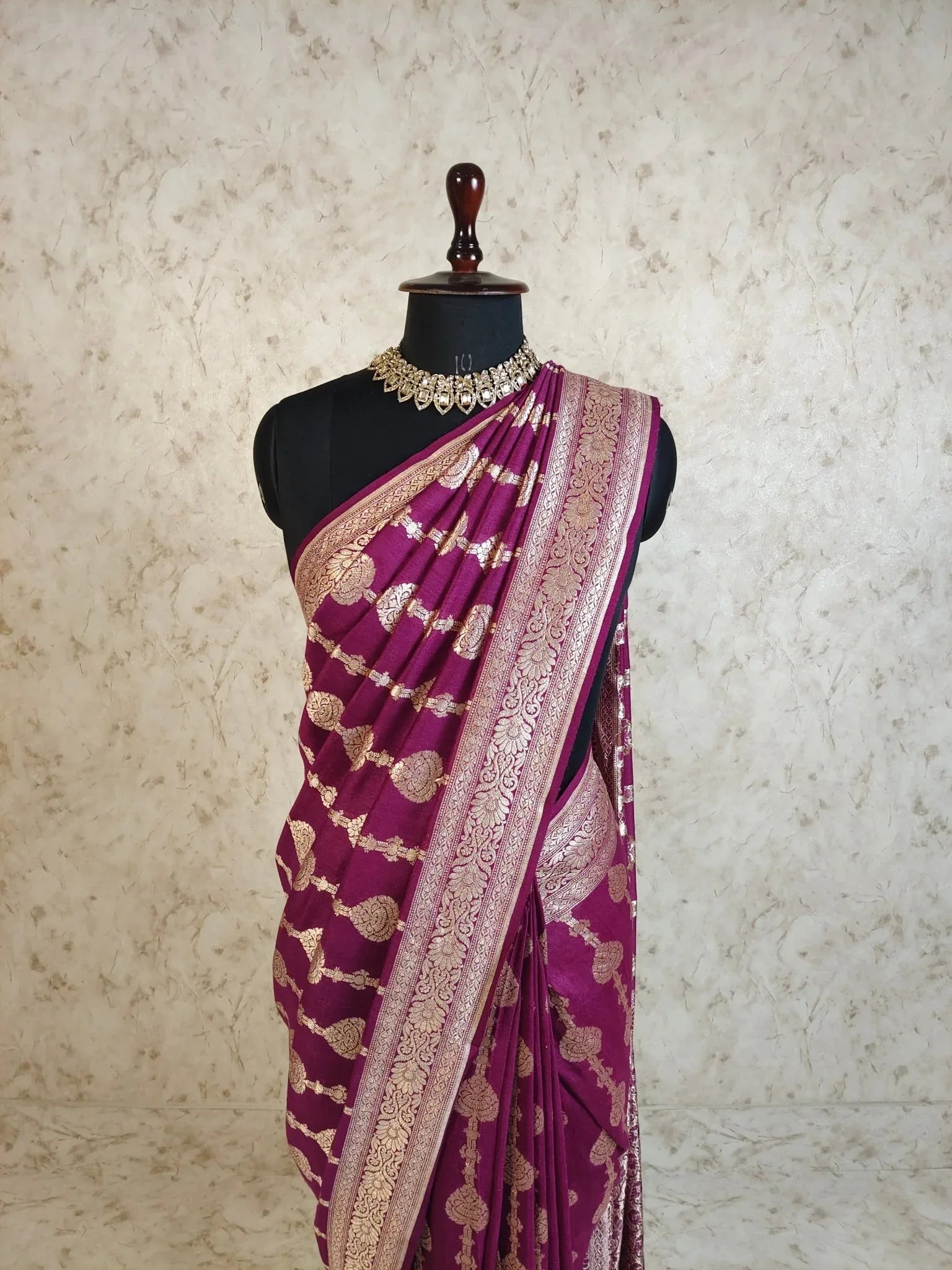 Dark Purple Pure Moonga Silk Banarasi Saree with Gold Zari and Uppada Handloom Weave - border detail | Pure Moonga Silk Banarasi Saree