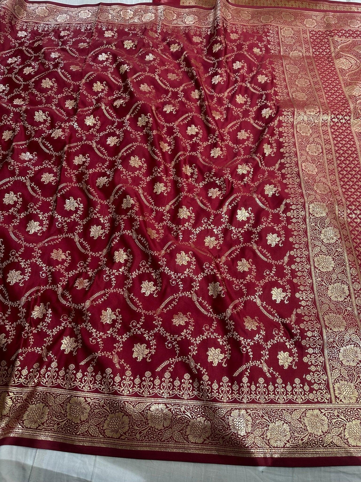 Dark Red Satin Silk Banarasi Saree with Designer Border and Mughal-Inspired Aanchal - Katan Banaras