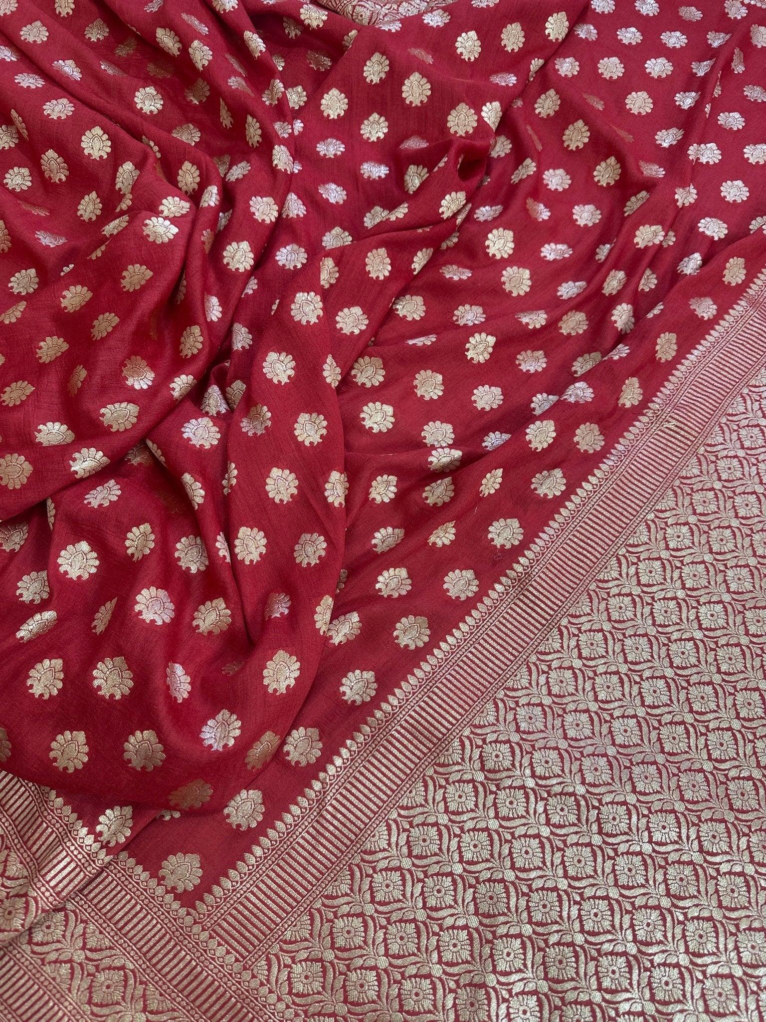 Deep Red Pure Moonga Silk Banarasi Saree - Gold Zari Uppada Handwoven Festive Wear - pallu closeup | Pure Moonga Silk Banarasi Saree