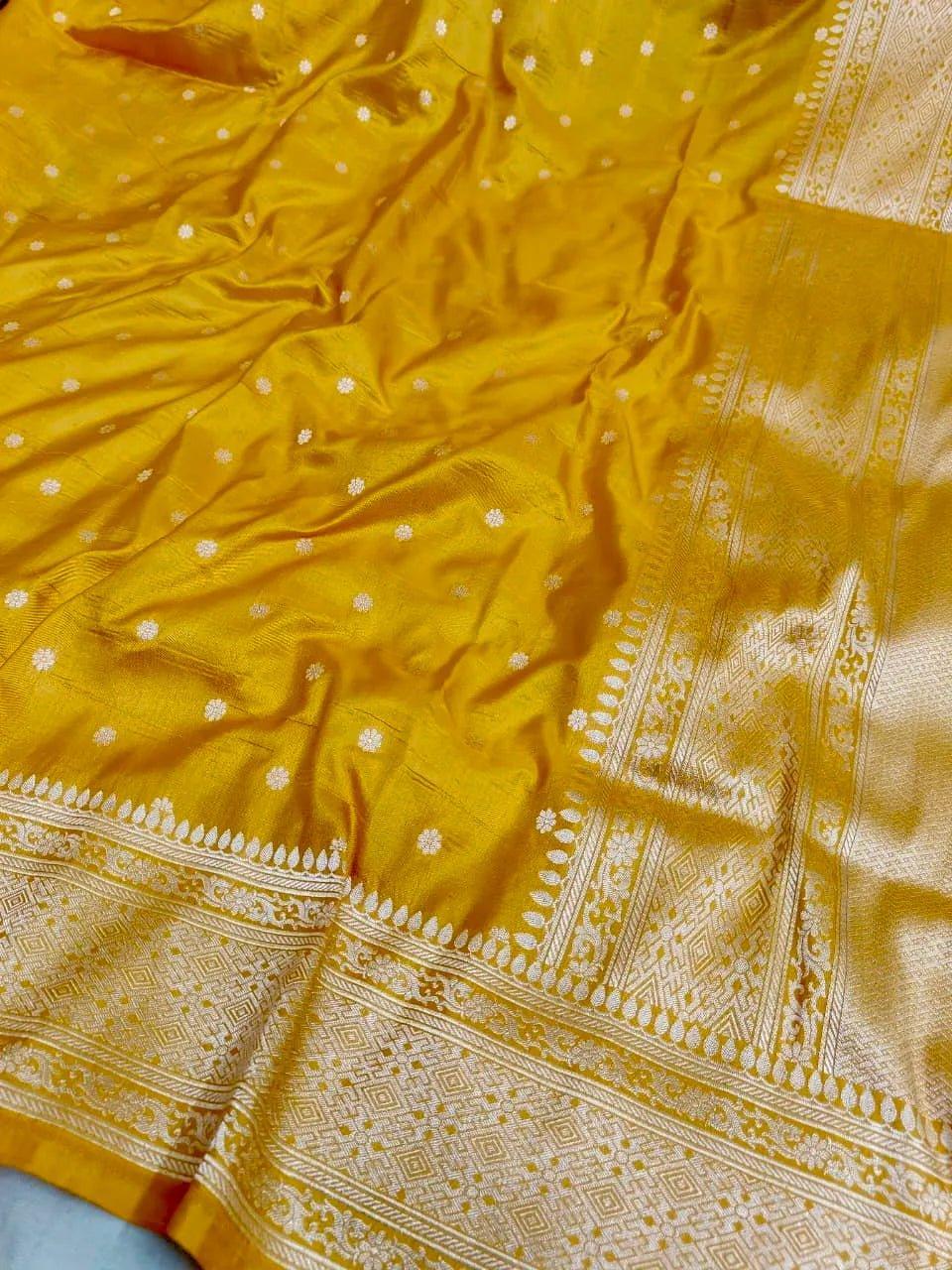 Deep Yellow Pure Katan Silk Banarasi Saree with Silver Zari Buti & Traditional Handwoven Border - Katan Banaras