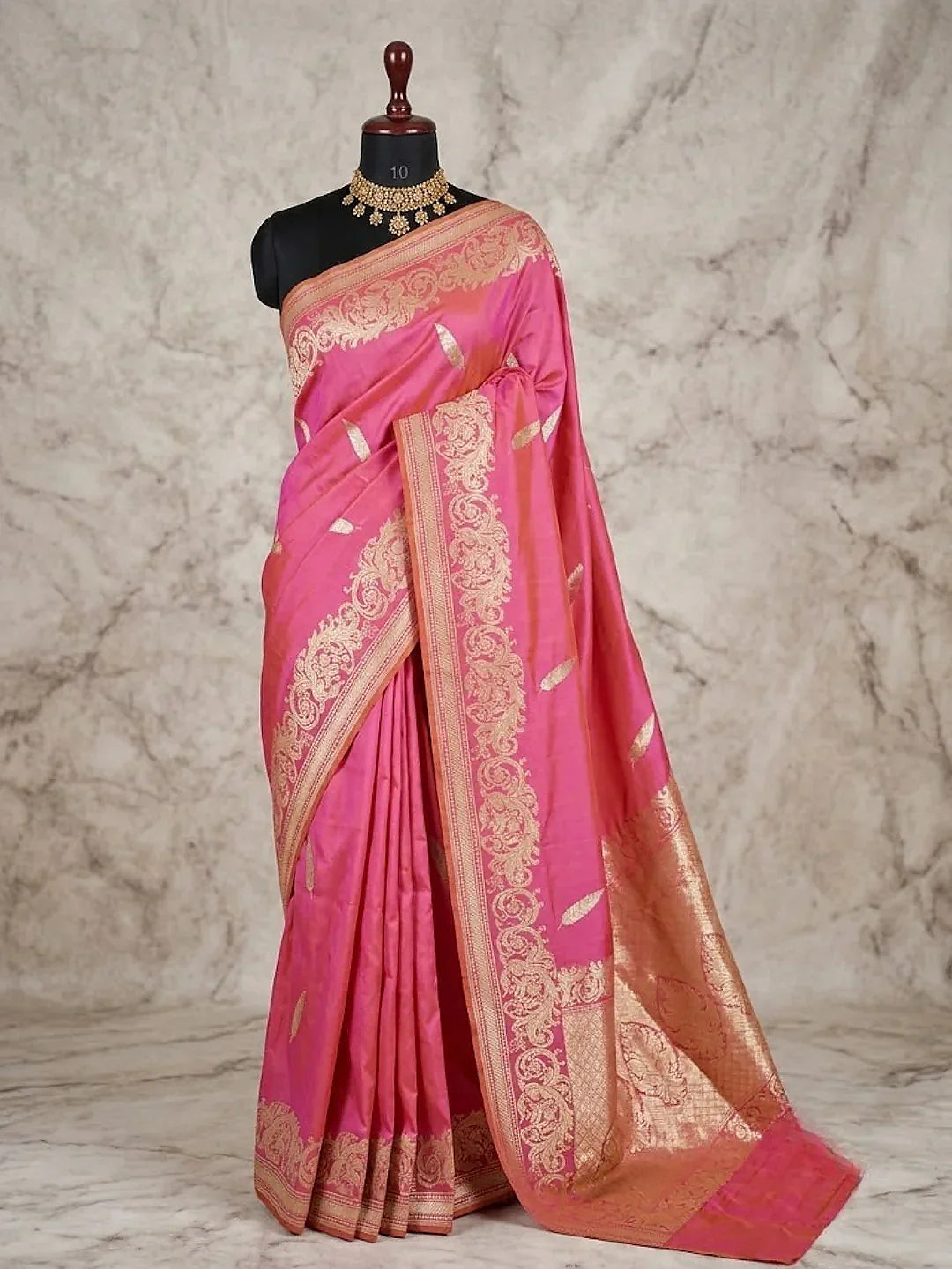 Pure Katan Silk Kadhwa Buta Banarasi Saree – Pink | Gold Zari | Pink