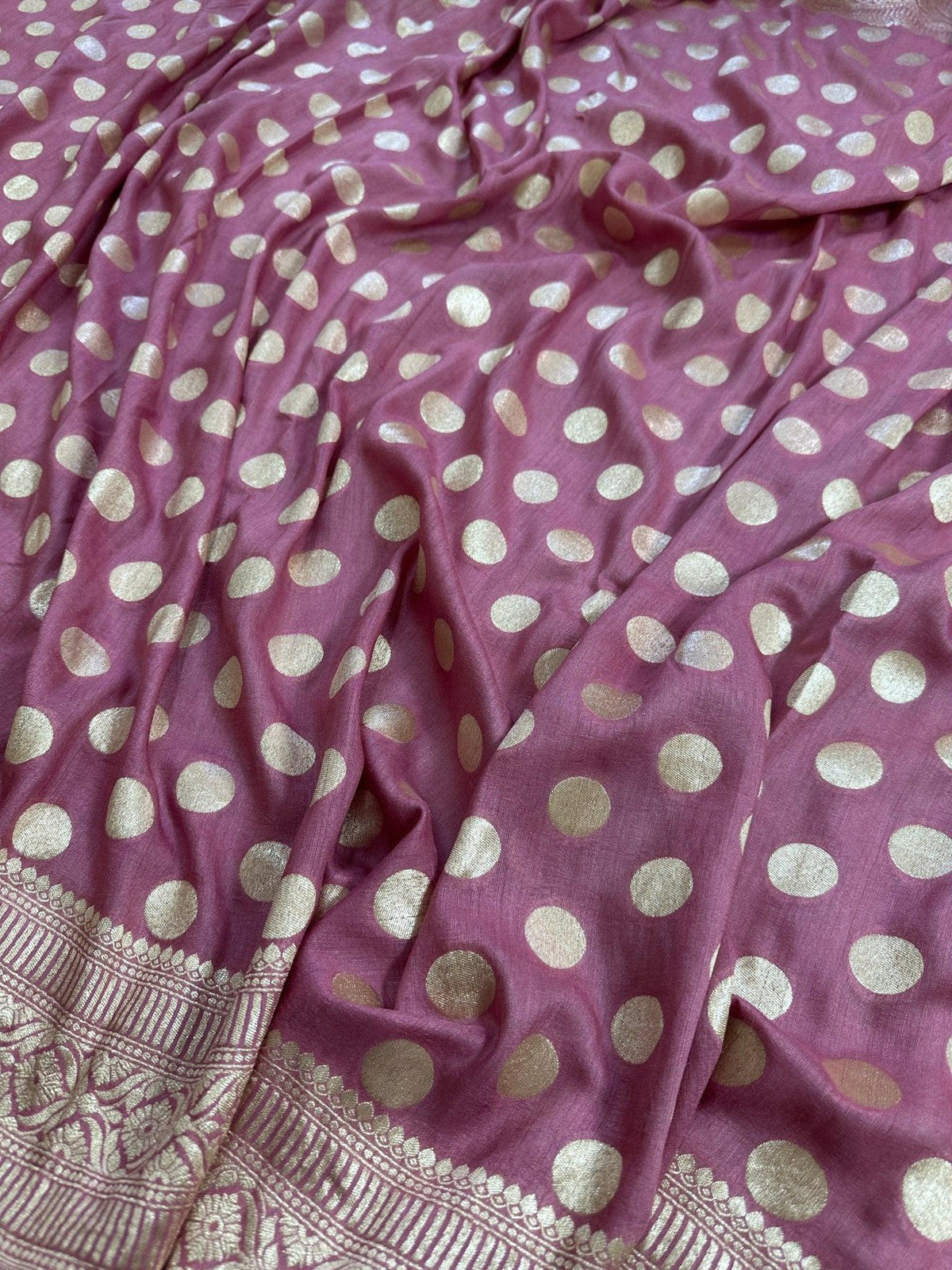 Dusty Rose Pink Pure Moonga Silk Banarasi Saree - Uppada Handwoven Festive Wear - drape side view | Pure Moonga Silk Banarasi Saree