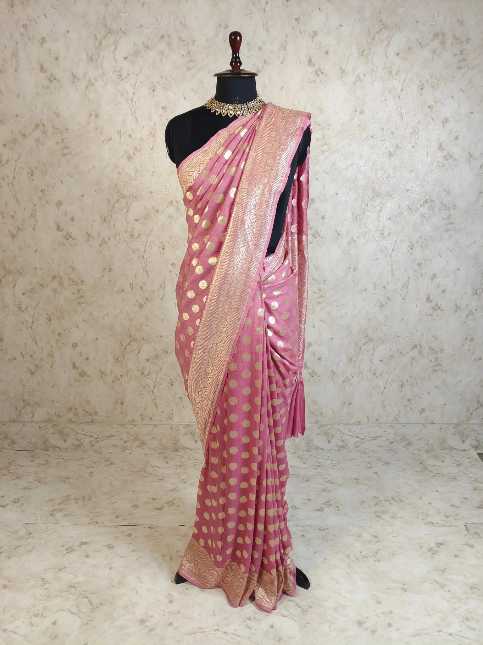Dusty Rose Pink Pure Moonga Silk Banarasi Saree - Uppada Handwoven Festive Wear - front view | Pure Moonga Silk Banarasi Saree