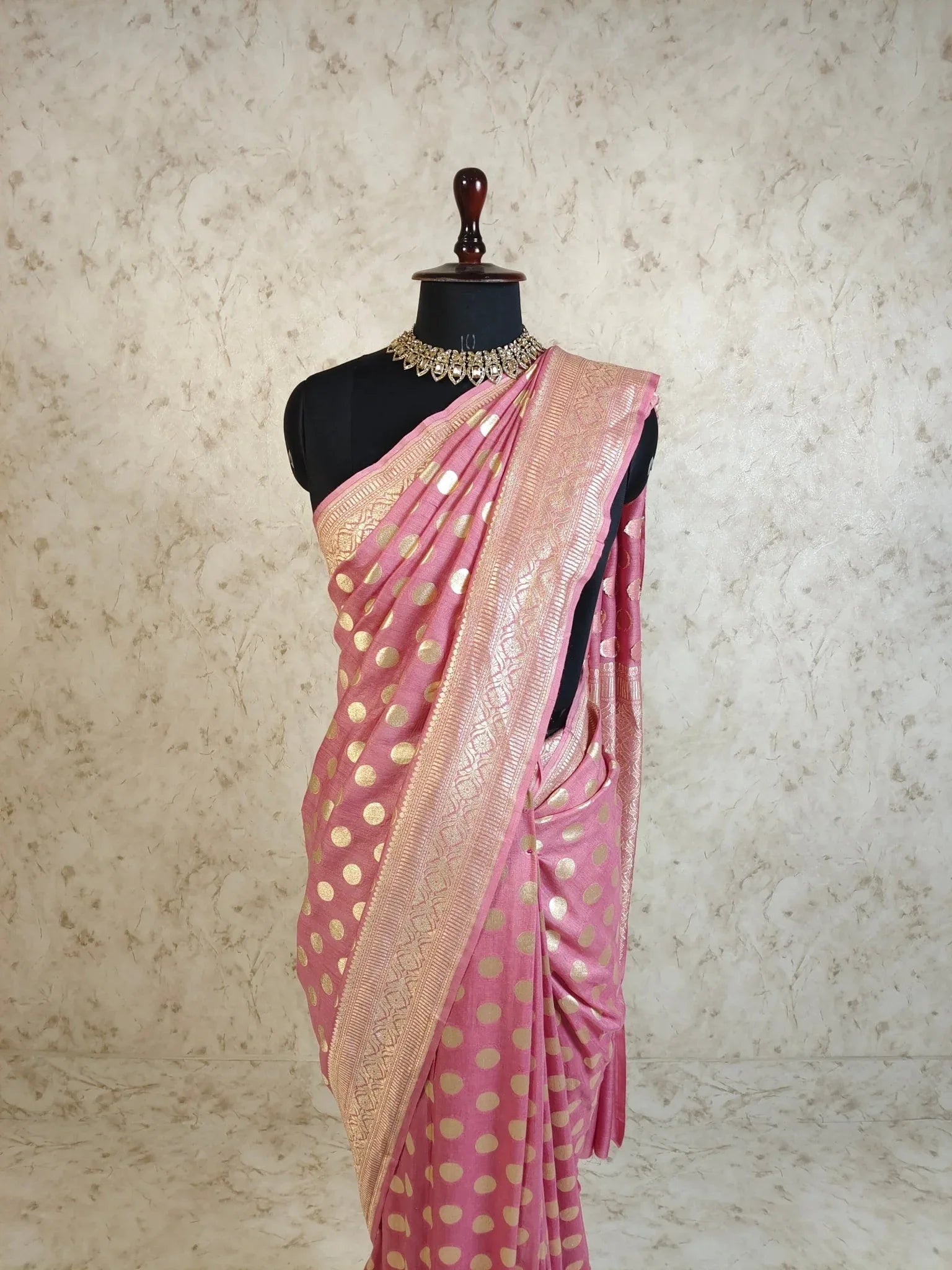 Dusty Rose Pink Pure Moonga Silk Banarasi Saree - Uppada Handwoven Festive Wear - pallu closeup | Pure Moonga Silk Banarasi Saree
