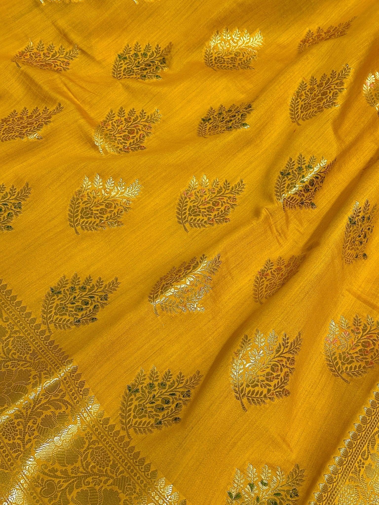 Golden Yellow Pure Chiniya Katan Silk Banarasi Saree with Floral Buti - front view of Pure Chiniya Katan Silk Banarasi Saree