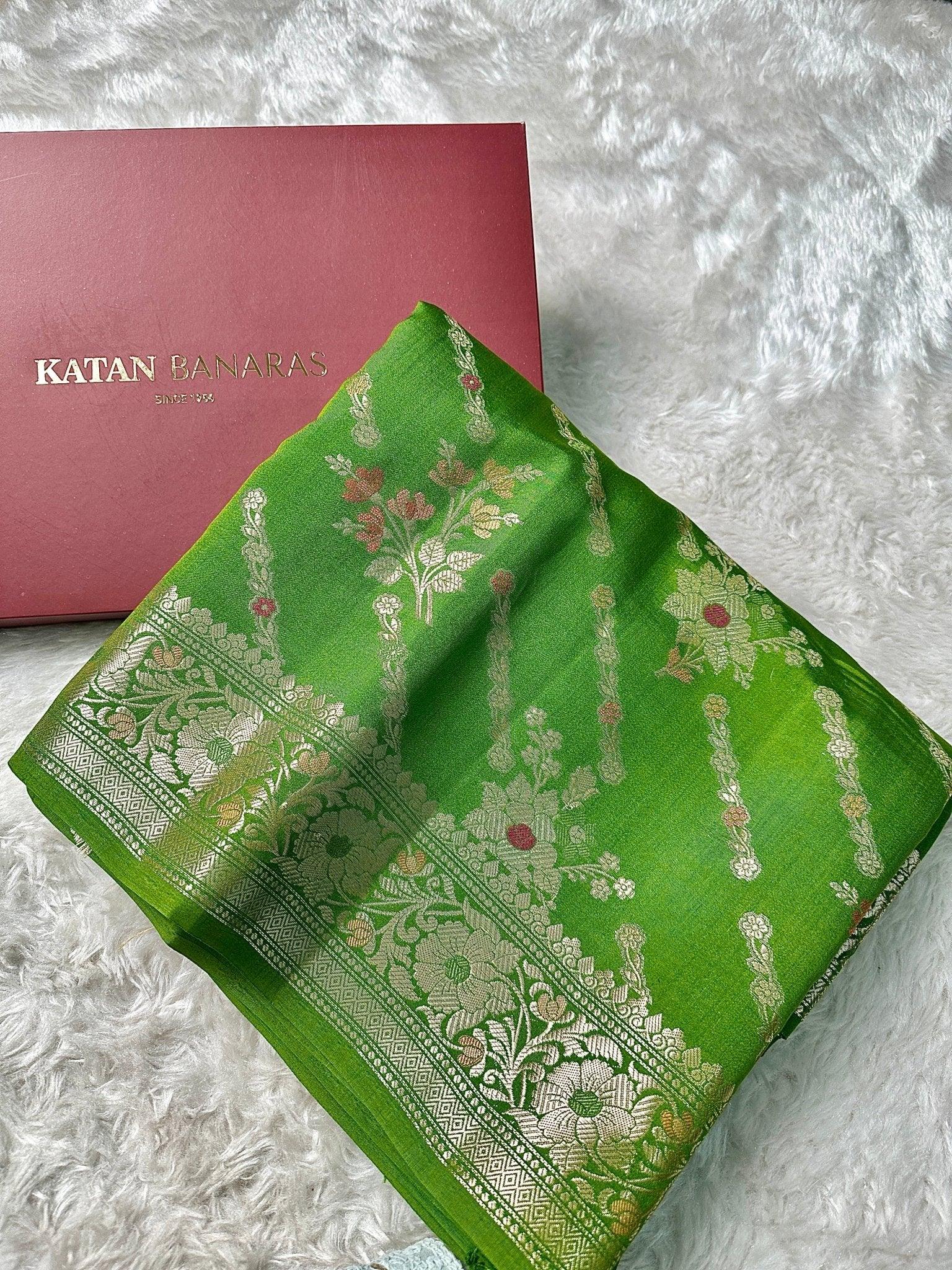 Green Pure Chiniya Katan Silk Banarasi Saree with Floral Meenakari Buti and Gold Zari Border - Pure Chiniya Katan Silk Banarasi Saree