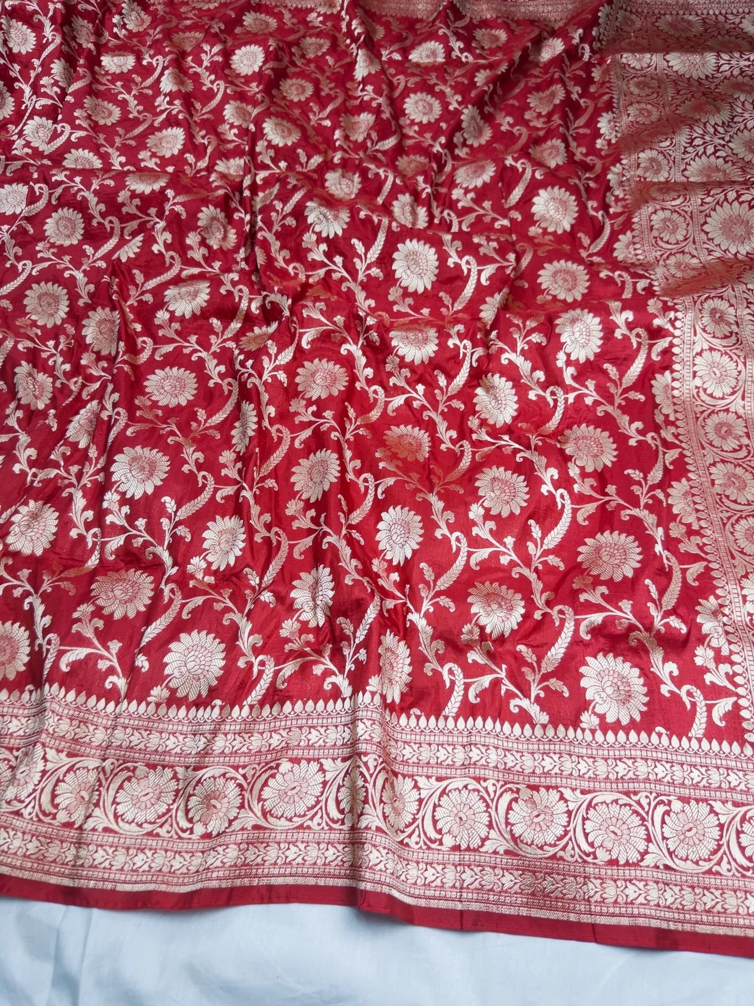 Red Pure Katan Silk Jaalwork Banarasi Saree Bridal Uppada Handwoven Festive Elegance - Katan Banaras