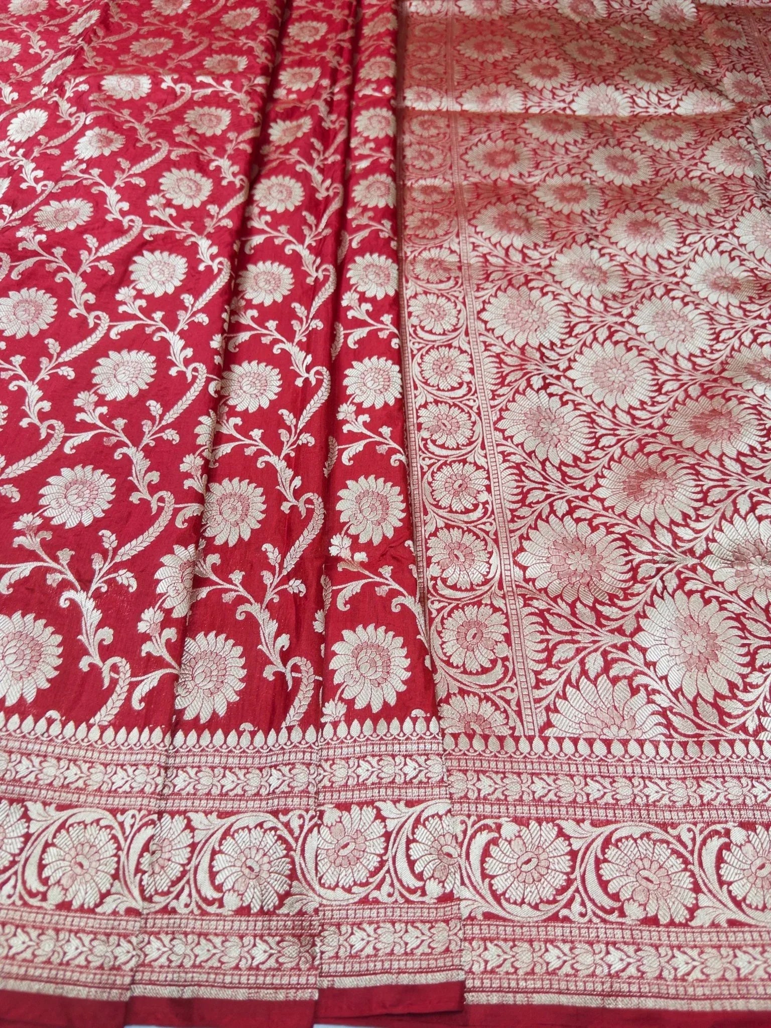 Red Pure Katan Silk Jaalwork Banarasi Saree Bridal Uppada Handwoven Festive Elegance - Katan Banaras