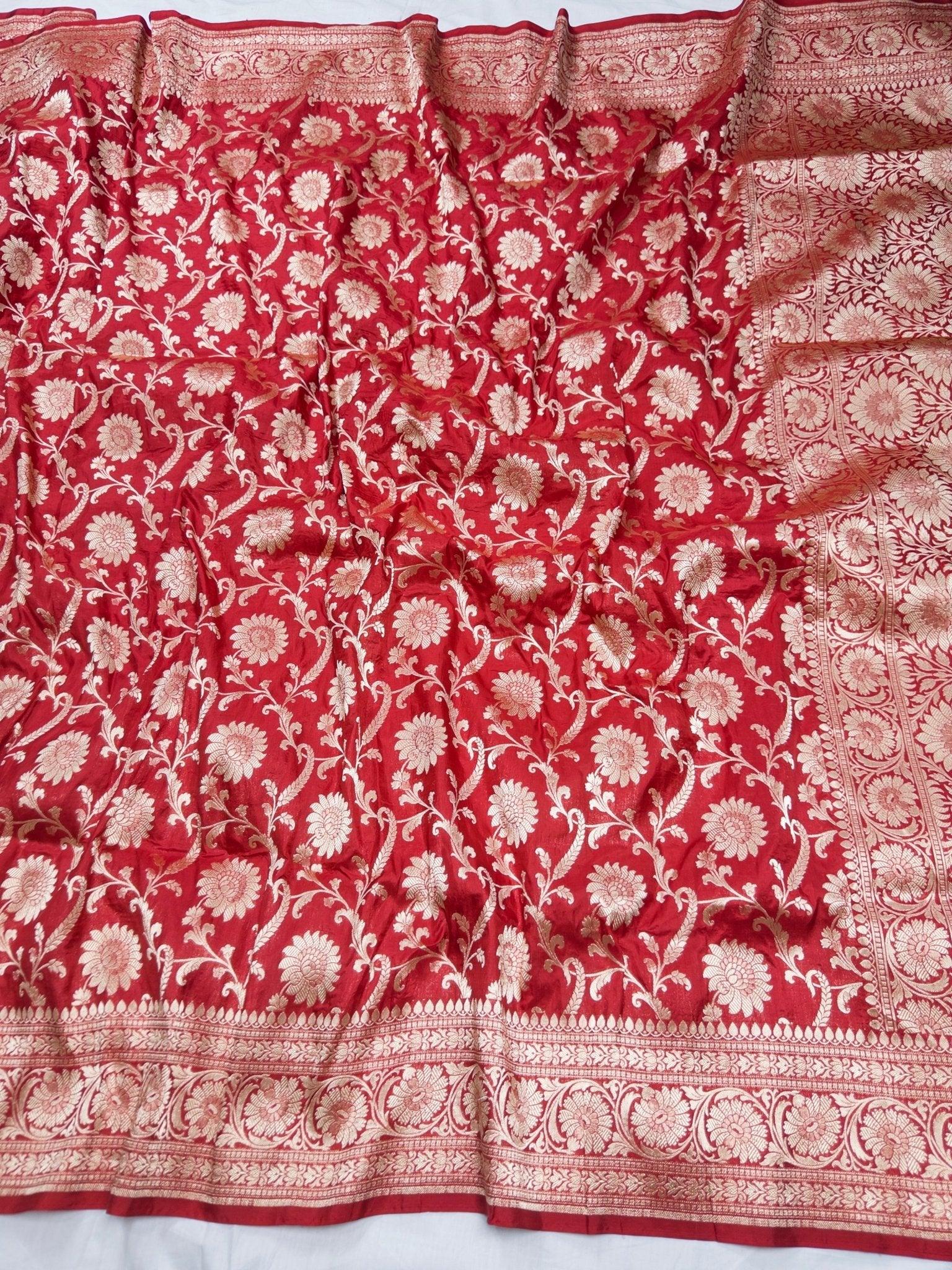 Red Pure Katan Silk Jaalwork Banarasi Saree Bridal Uppada Handwoven Festive Elegance - Katan Banaras