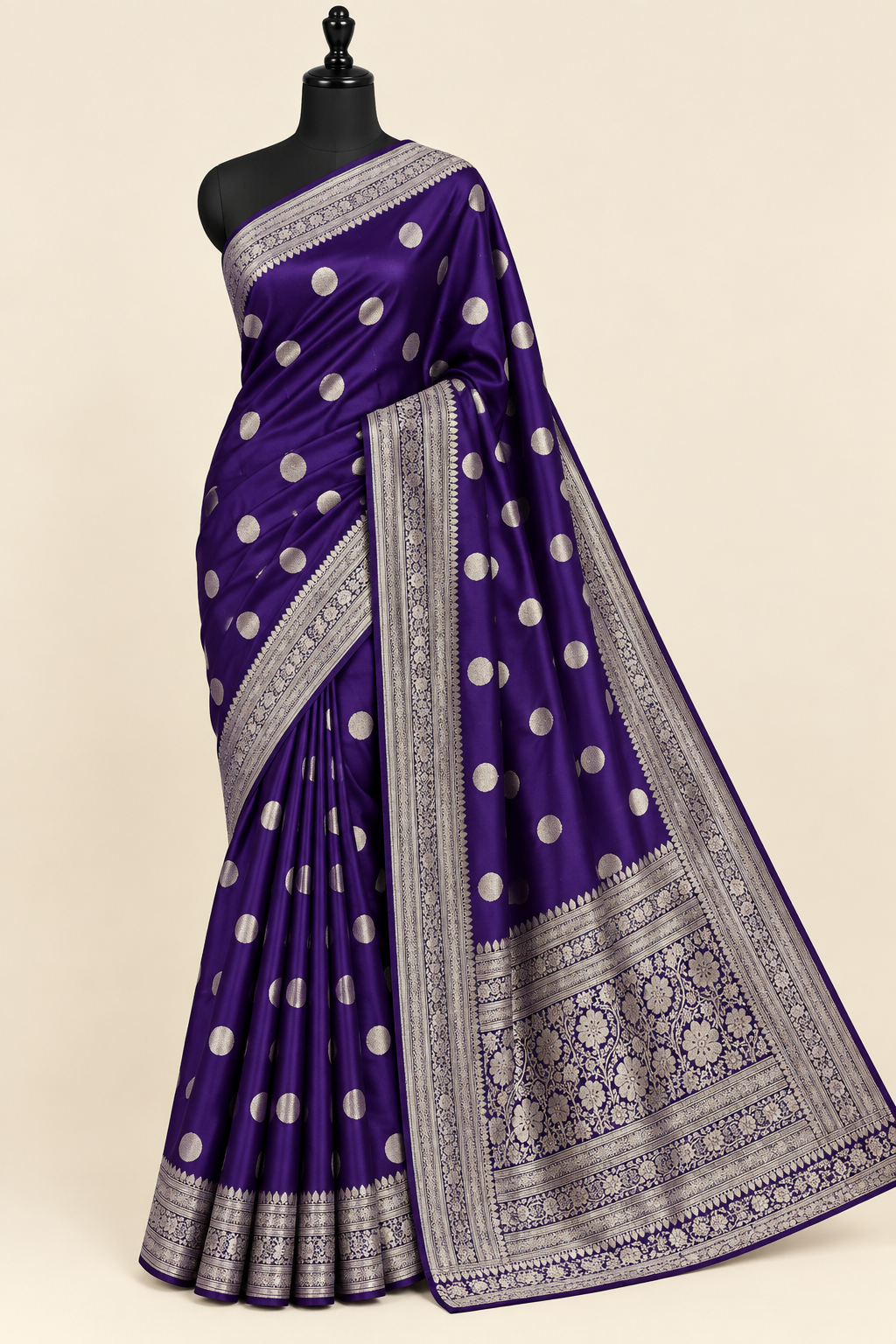 Deep-purple Mashru silk saree with polka-dot booti motifs and gold zari border, draped on a mannequin.