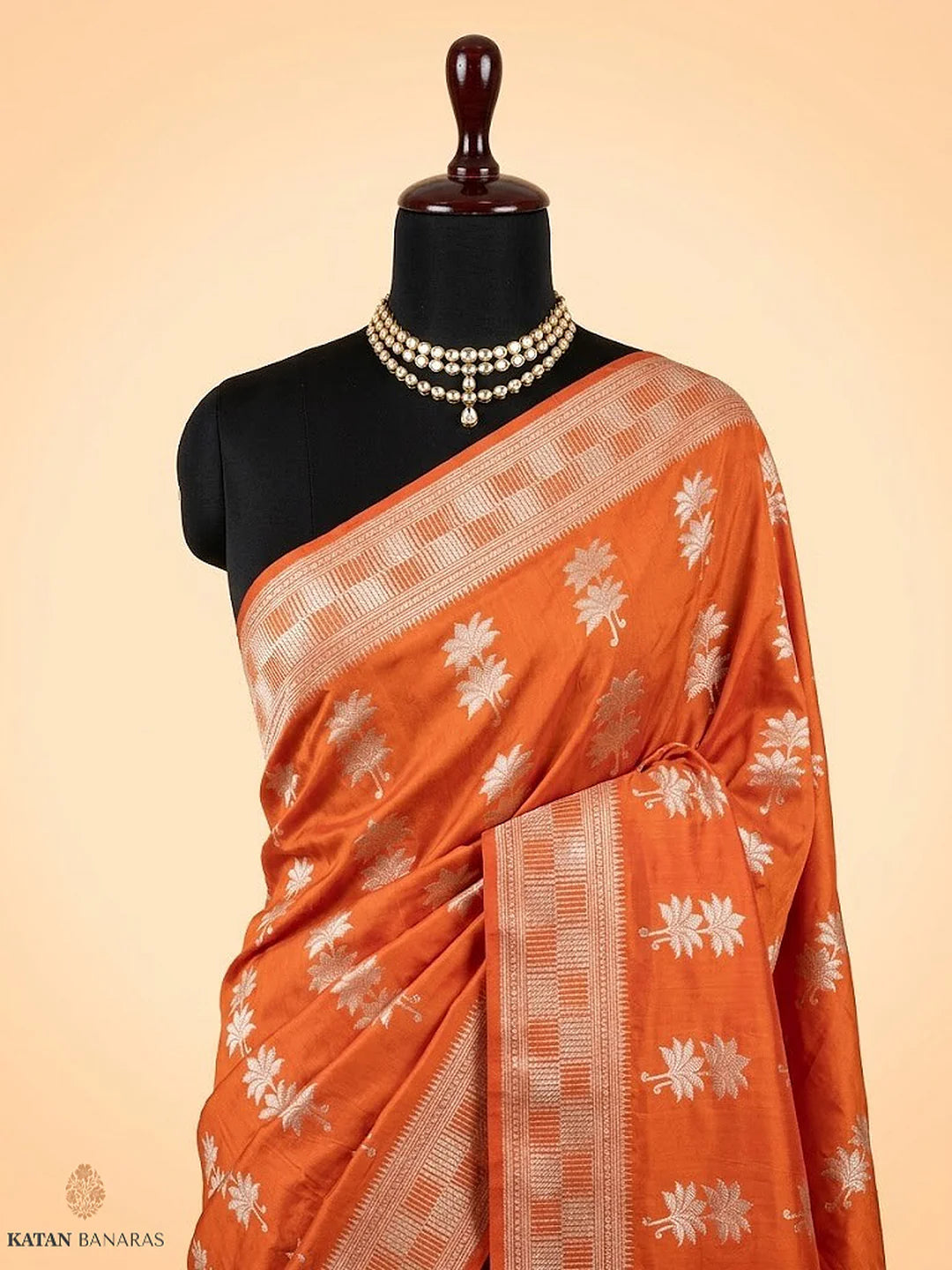 Rust Orange Uppada Buta Pure Katan Silk Banarasi Handwoven Saree