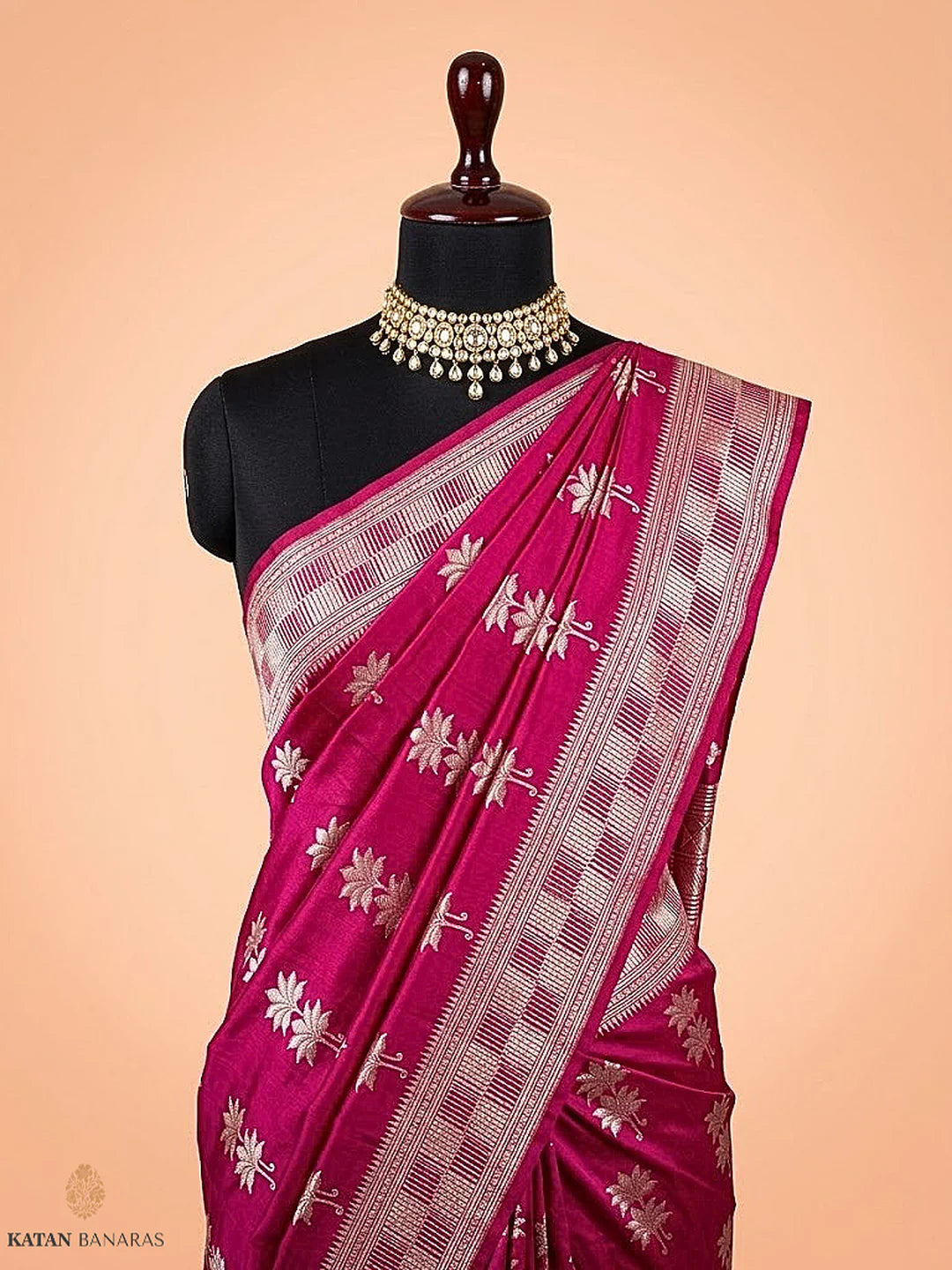 Rani Pink Uppada Buta Pure Katan Silk Banarasi Handwoven Saree — Gold Zari Tree Motifs
