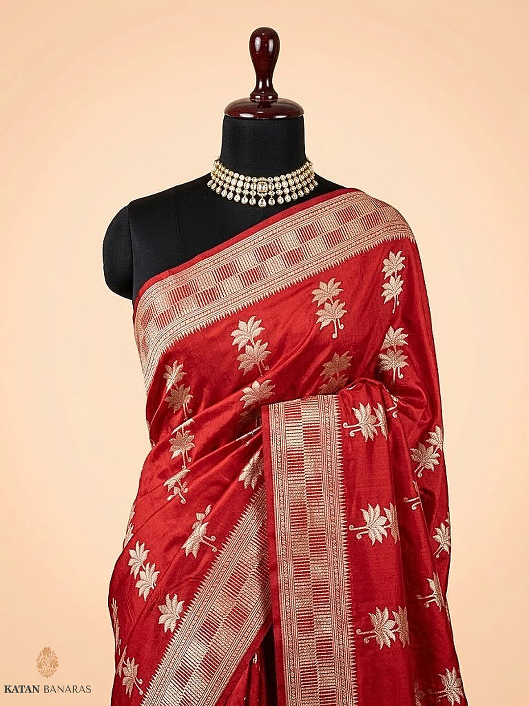 Red Uppada Buta Pure Katan Silk Banarasi Handwoven Saree — Gold Zari Tree Motifs