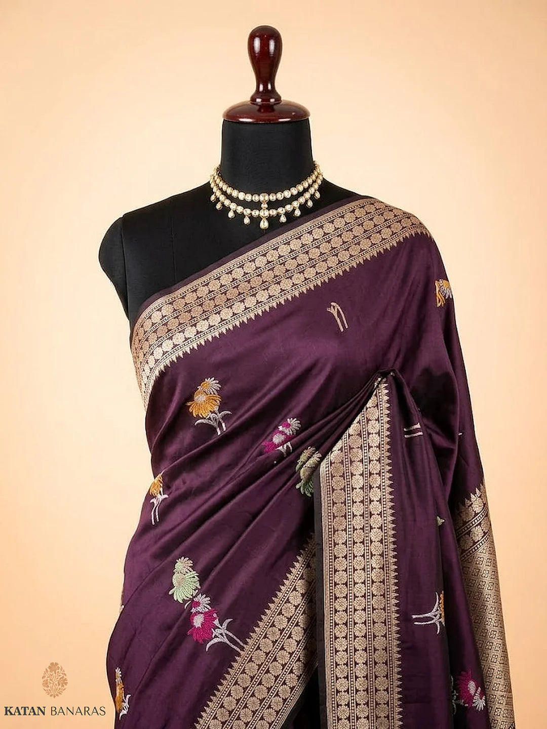 Pure Katan Silk Kadhwa Buta Banarasi Saree – Deep Wine | Sona Rupa Zari & Tilfi Minakari