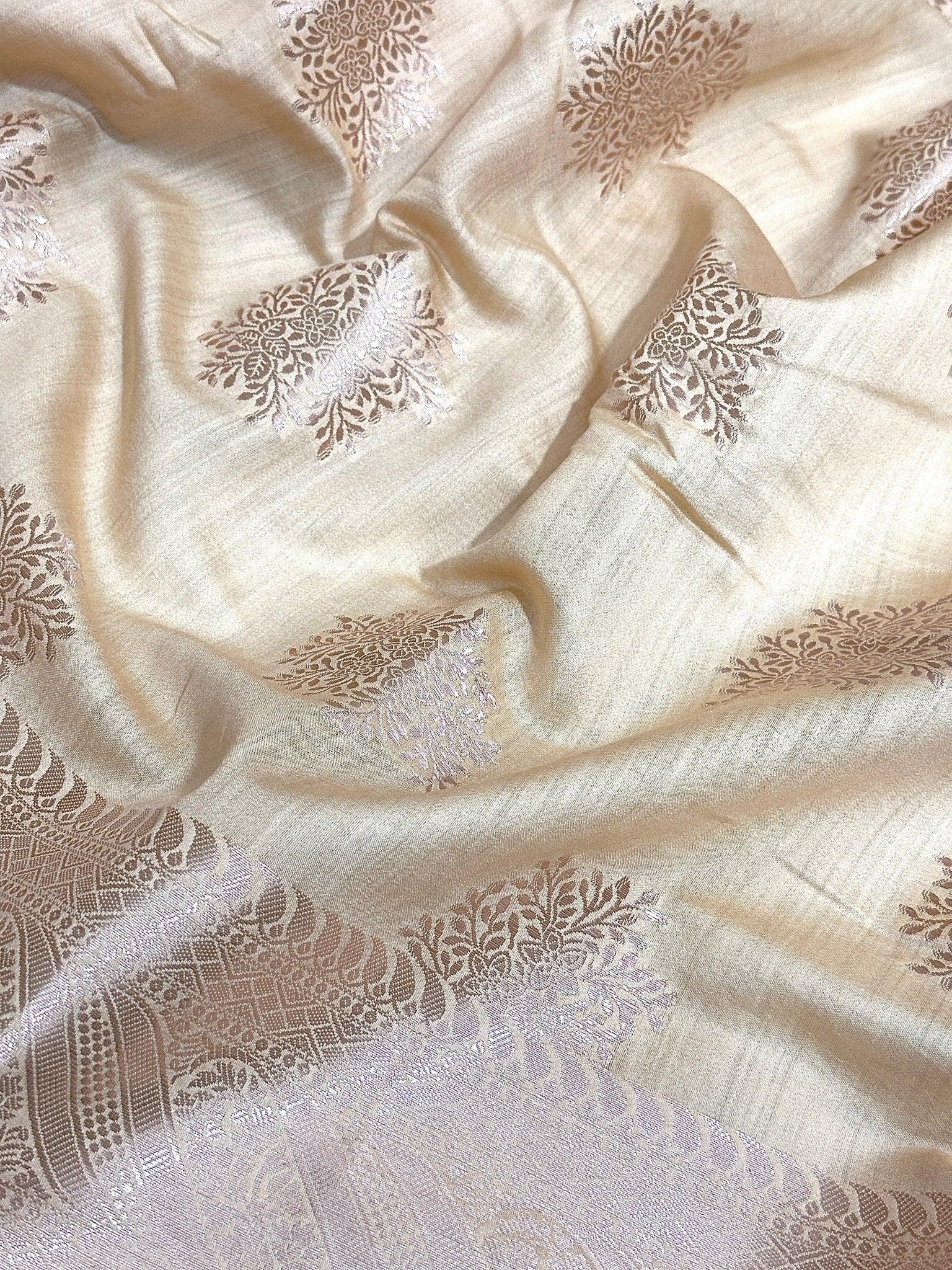 Ivory Beige Pure Chiniya Katan Silk Banarasi Saree with Silver Zari Buti and Woven Border - front view of Pure Chiniya Katan Silk Banarasi Saree