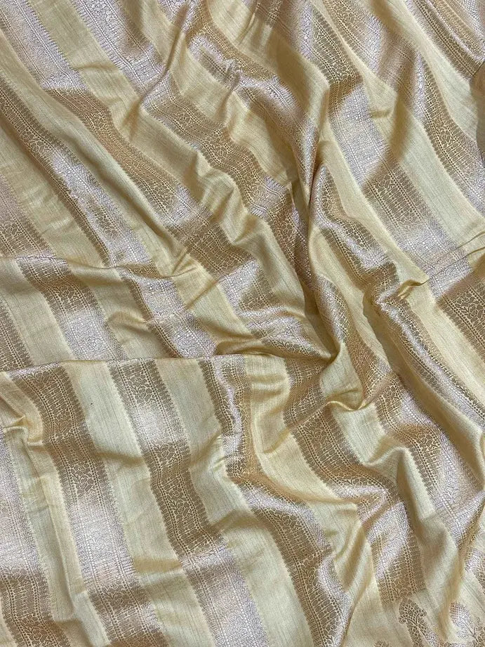 Ivory Beige Pure Chiniya Katan Silk Banarasi Saree with Stripe Zari Border - front view of Pure Chiniya Katan Silk Banarasi Saree